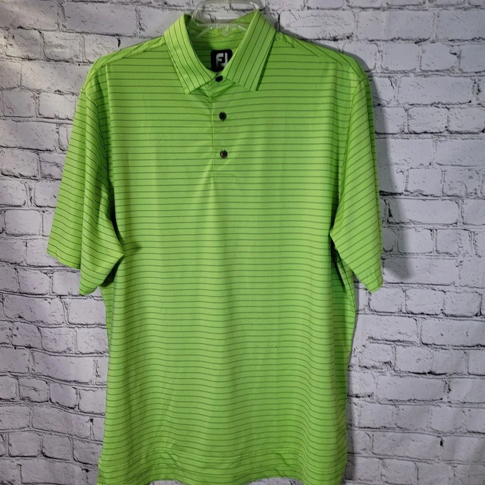 Footjoy Golf Polo Shirt Mens L Lime Green Blue Pin Stripe Performance‎ (Read)